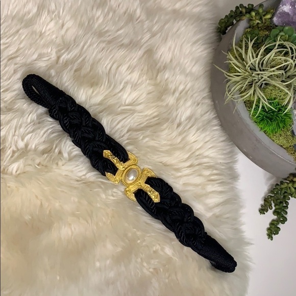 Vintage 80s Black Rope Gold Buckle Faux Pearl waist belt hook loop closure women main image 3